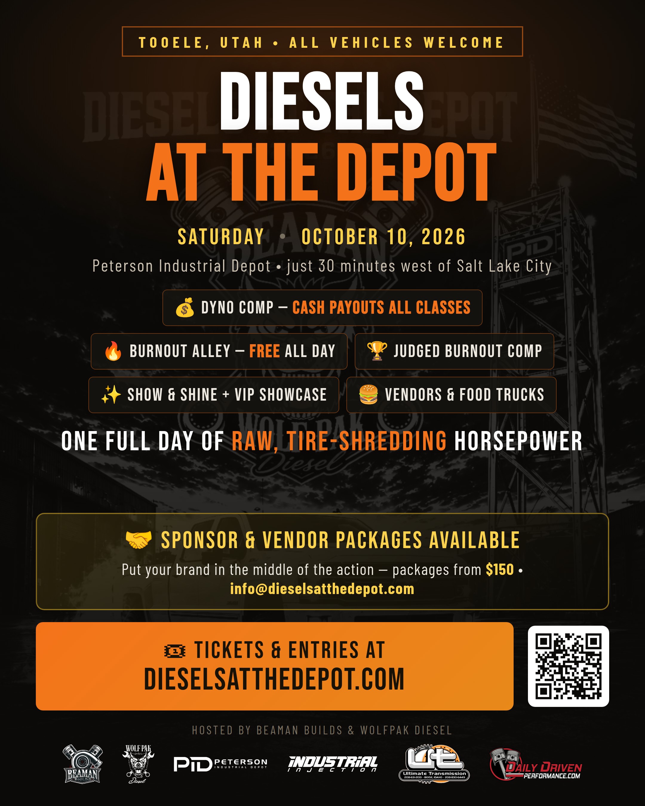 Diesels at the Depot 2026 event flyer — Saturday, October 10, 2026, Peterson Industrial Depot, Tooele, Utah